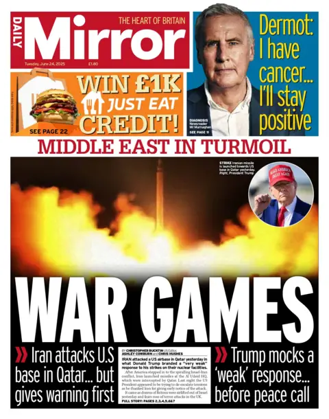 "War games" reads the headline on the front page of the Daily Mirror.