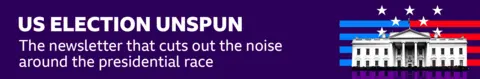  A thin, dark blue banner advertises the US Election Unspun newsletter with the following text: "News cuts through the noise surrounding the presidential race". There is also an image of Anthony Zurcher on a red and blue striped background with white stars.