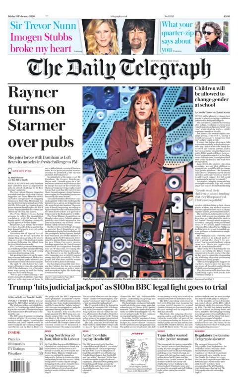 "Rayner turns on Starmer over pubs" reads the headline on the front page of the Daily Telegraph.