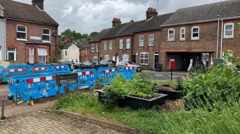 Louise Parry/BBC The community garden raised beds next to the blue barriers around where the trees were before.