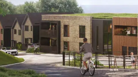 An artists concept of the development showing modern houses and people on bikes and walking. 