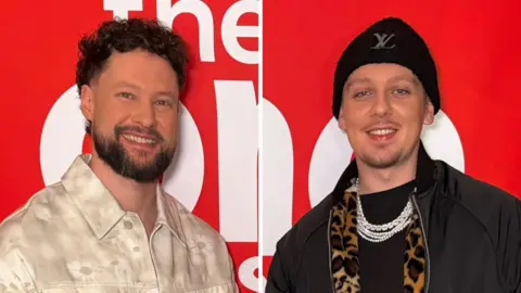 Composite image of Calum Scott and Aitch. Calum wears a cream jacket; Aitch wears a black beanie hat and black jacket