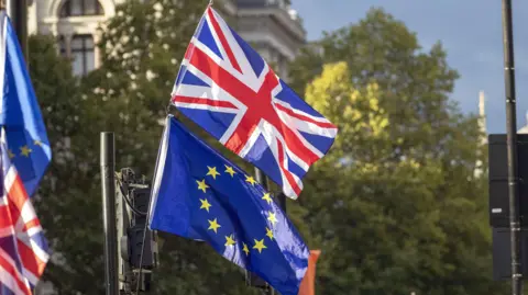The flag of the United Kingdom flying above the EU flag. There are blurred trees behind the flags.