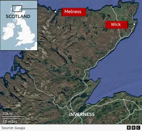 A map of the north of Scotland showing the township of Melness, the town of Wick and the city of Inverness. 