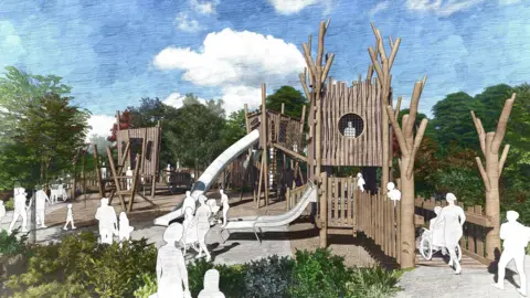 Royal Parks An artist's impression of a wooden tree house play area structure which is built in Kensington Gardens. Silhouttes of parents can be seen pushing children on wheelchairs as children play in the area