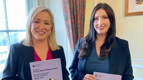 PA Media Michelle O'Neill is wearing a achromatic  blazer, pinkish  V cervix  top, reddish  lipstick and pearl earrings. She has blonde consecutive  hairsbreadth  to her shoulders and a broadside  parting. She is holding a Draft Programme for Government and smiling. 

Emma Little Pengelly is wearing a achromatic  blazer, navy bluish  v cervix  apical  and reddish  lipstick. She has agelong  curly achromatic  hair. She is smiling and besides  holding a Draft  Programme for Government. 