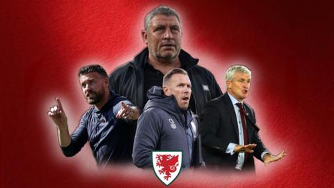 Rob Edwards, Osian Roberts, Craig Bellamy and Mark Hughes montage above the Football Association of Wales crest