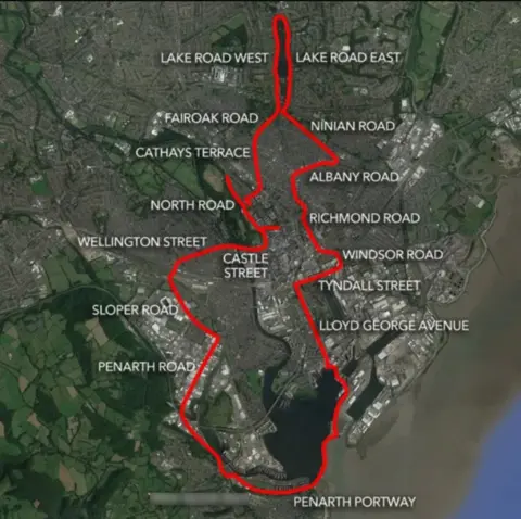 A map of the race circuit around Cardiff with Lake Road East and Lake Road West to the north and Penarth to the south