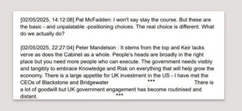 Cabinet Office Extract of letter between Mandleson and Pat Mcfadden where Mcfadden suggetss Keir 'lacks verve'