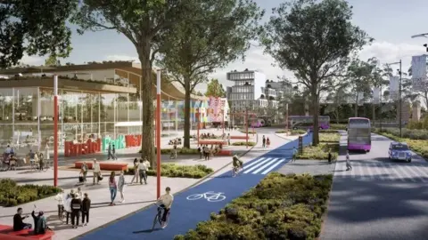 South Gloucestershire Council Proposed plans for Bristol Parkway with cycle lanes and a redesigned main building.