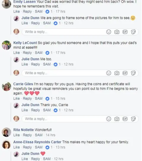 Facebook Comments on Facebook: "Your dad was worried that they might send him back? I hope he remembers this visit." "So glad you found someone and i hope that this puts your dad's mind at ease" "I'm so happy for you guys. Having the coins and certificate will hopefully be great visual reminders you can point out to him if he begins to worry again." "This makes my heart happy for your family."