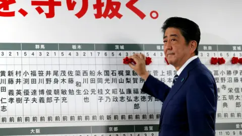 Reuters Prime Minister Shinzo Abe looks on as he puts a rosette on the name of a candidate who is expected to win the lower house election