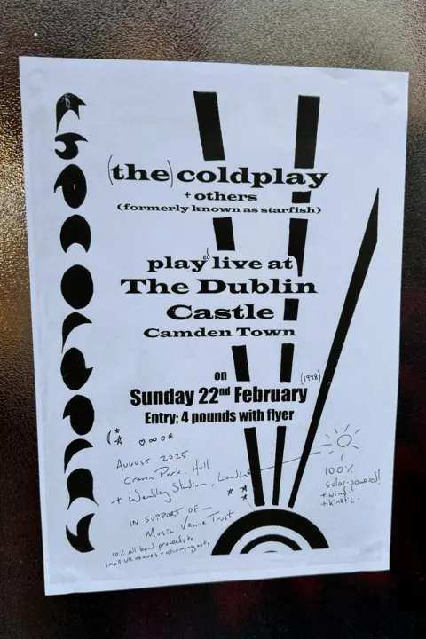 Coldplay A vintage black and white Coldplay concert poster from 1998. The venues and dates of the 2025 concerts have been handwritten on the poster and read "August 2025, Craven Park, Hull and Wembley Stadium".