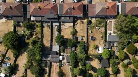 PA Media An aerial view of homes and gardens in London, showing the lawns as yellow from lack of water.
