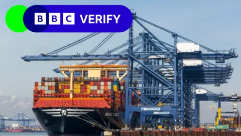 BBC Kapal kontainer yang sangat besar berlabuh oleh crane biru di pelabuhan Felixstowe. Logo Verifikasi BBC berada di sudut kiri atas gambar.