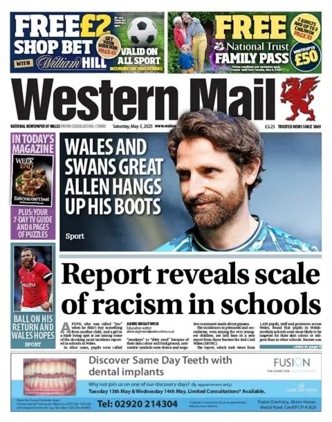 Western Mail Front page of Western Mail. Main headline reads: Report reveals scale of racism in schools. Other headlines read: Wales and Swans great Allen hangs up his boots, and Ball on his return and Wales hopes