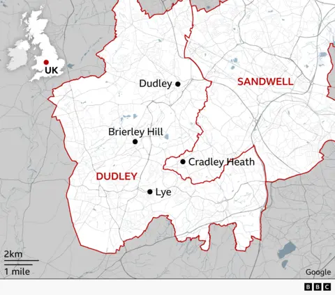 A grey map of the West Midlands, focused on the boroughs of Dudley and Sandwell, outlined in red. Black dots mark the towns of Dudley, Brierley, Cradley Heath, and Lye. A small inset map of the United Kingdom shows the area's location within the country.