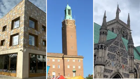 A composite image of King's Lynn's new library, Norwich City Hall and Great Yarmouth Minster.