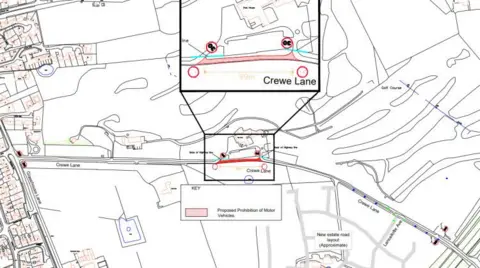 Warwickshire County Council A map showing in red which part of Crewe Lane would be closed to cars under the Warwickshire County Council plans