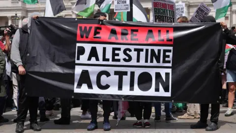 A group of people holding a Palestine Action banner