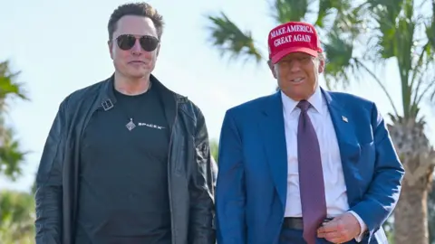 Elon Musk (L) in black leather jacket, T-shirt and aviator glasses walks along a palm fringed path with Donald Trump in a red 'Make America Great Again' in Brownsville, Texas in the US  - November 2024