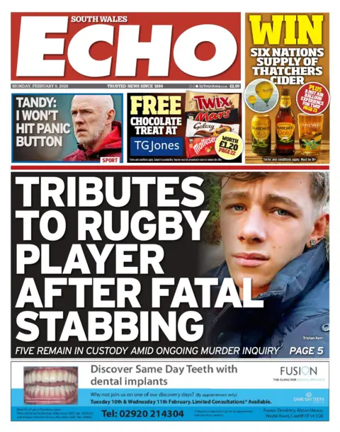 South Wales Echo The front page of South Wales Echo. The main headline reads: 'Tributes to rugby player after fatal stabbing'. Other headlines read: 'Tandy: I won't hit panic button' 