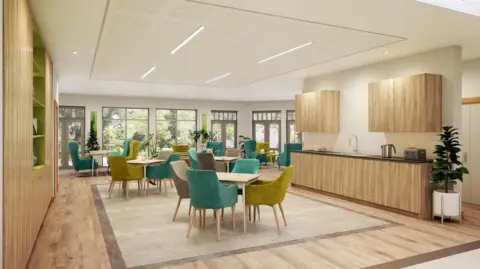 Overgate Hospice Artist impression plans for the new Halifax hospice. The interiors are bright with a great deal of wooden panelling. Tables and chairs sit in the middle of the room.