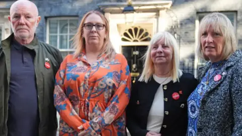 Hillsborough campaigners left to right: Steve Kelly, Charlotte Hennessy, Margaret Aspinall and Sue Roberts standing outside Number 10 Downing Street.