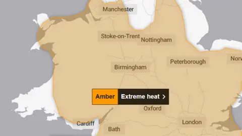Met Office Weather map showing Wales covered by an amber heat warning apart from Pembrokeshire on the west of the country