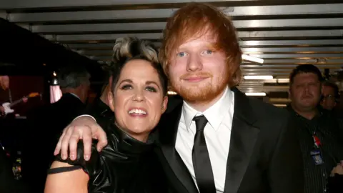 Amy Wadge and Ed Sheeran backstage at the 2016 Grammy Awards