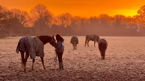 A misty field at dawn with frost on the ground. A women is holding a horse in the foreground with three other horses in the field. They are all wearing rugs. The sky is glowing orange as the sun rises.