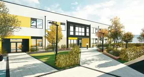 Concertus/Suffolk County Council An artist's impression of what the new school block could look like. It is a modern style, two-storey building with white, black and yellow panels on it. Paved areas are front of it, with several small trees and bushes. 