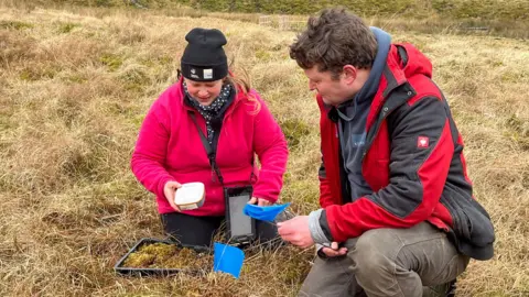 A woman in a black beanie hat and pink fleece is kneeling next to a man in a red and black coat. They have a tray of moss, two blue flags and GPS device.