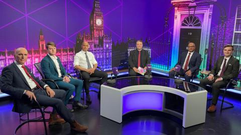 Five candidates vying for the Derby South seat, sitting around BBC presenter Ian Skye ahead of the Your Voice, Your Vote debate