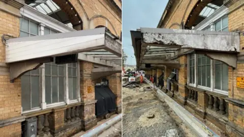 Side by side images showing, from different angles, a crumbling bus shelter canopy coming our from a brick buildings. 