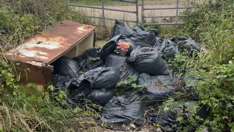 Great Yarmouth Borough Council Black bags of rubbish and a rusty discarded fridge dumped in a gateway.