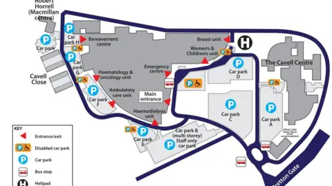 NWAFT A map of the hospital showing where the modular unit will be based. The map shows various entrances to the hospital's departments as well as a number of car parks.