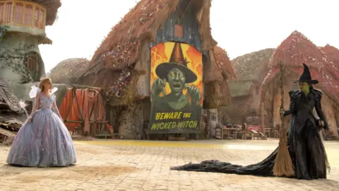 Universal Studios Ariana Grande as Glinda and and Cynthia Erivo as Elphaba on the Wicked set. Ariana is wearing a big dress that is pink and blue, holding a wand, there is a poster in the middle of them, then Cynthia to the right, holding a broom, wearing a black hat and a coat, with a long train and a black dress. There are wooden houses behind them. 