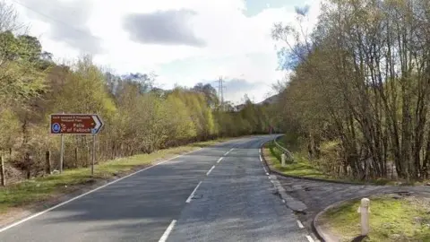 Google Single carriageway A road. Trees line the road and there is a brown sign with Falls of Falloch written in white letters.