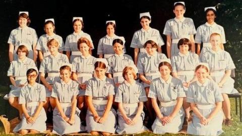 A group of 20 nurses in uniform in 1975