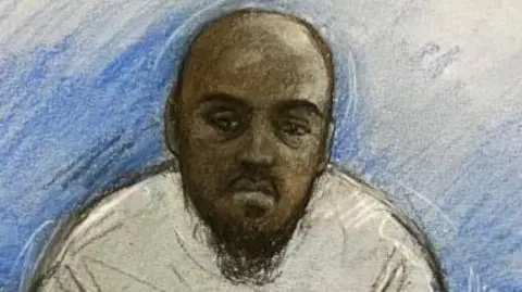A sketch of Suleiman who stares ahead in front of a blue background looking bleak and sombre 