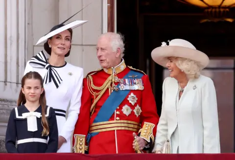 Hollie Adams/Reuters Princess of Wales, Princess Charlotte, King Charles and Queen Camilla appear on the balcony of Buckingham Palace