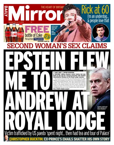  Epstein flew me to Andrew at Royal Lodge," reads the headline on the front page of the Daily Mirror.