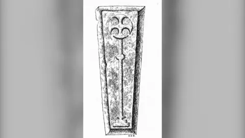 K E Styan A sketch of a grave slab on white paper from a book, which looks similar to the slab to the one discovered by the divers.