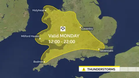 BBC Image shows a map of the UK with a yellow weather warning across parts of southern England and Wales
