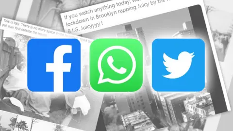 BBC Stacks of article screenshots with Facebook, WhatsApp and Twitter logos on top
