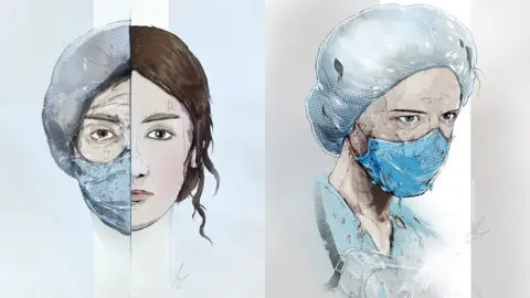 MJ Hiblen Two illustrations of female health workers looking exhausted but resolute. Both have visible marks where their PPE bruised their faces