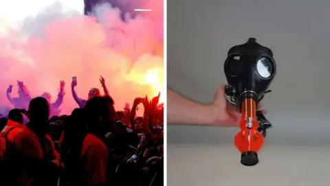 Getty Images/BBC Leeds Festival revellers and a bong mask which features in the museum collection