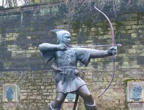 Historic England Robin Hood sculptures in Nottingham to mark the visit of then Princess Elizabeth are also among those listed