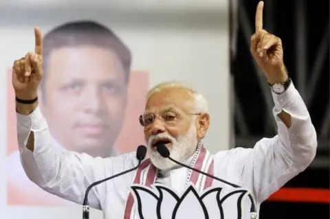 EPA Bhartya Janta Party (BJP) leader Indian Prime Minister Narendra Modi speaks during an election rally in Mumbai, India, 26 April 2019.